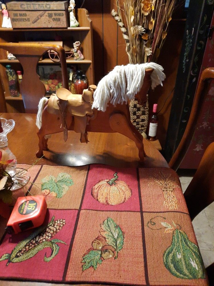 Horse Wooden W/ Leather Saddle