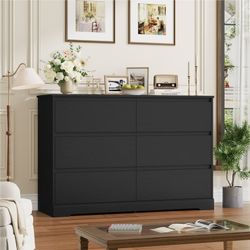 6 Drawer Double Dresser for Bedroom, 47.2'' Wood Storage Side Cabinet Chest of Drawer Living Room, Black