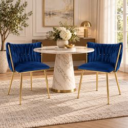 Pair of Blue Velvet Woven-Back Chairs with Gold Legs