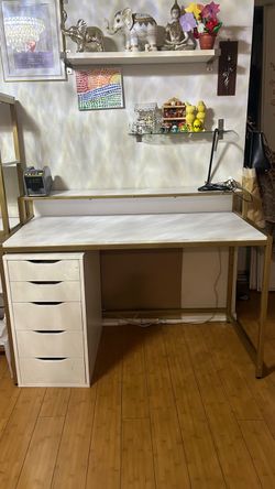 White and Gold Desk with Shelf Unit
