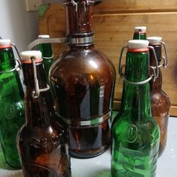 vintage Grolsch beer bottles with characteristic swing-top porcelain caps