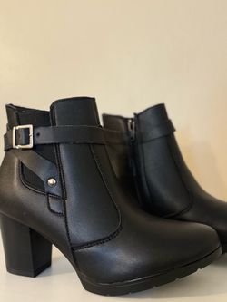Black Heeled Ankle Boots with Buckle Strap
