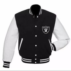 Mens Oakland Las Vegas Raiders Varsity Jacket, Leather Sleeve