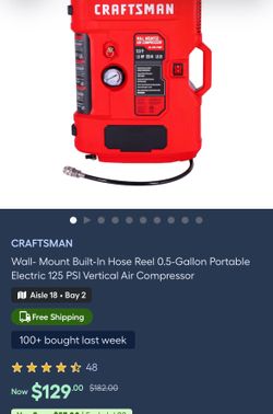 CRAFTSMAN Wall- Mount Built-In Hose Reel 0.5-Gallon Portable Electric 125 PSI Vertical Air Com...