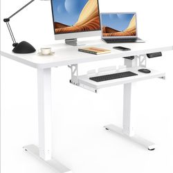 JOY Worker White Electric Standing Desk With Keyboard Tray, Splice Board 48 X 24 Inches Sit Stand Up Height Adjustable Desk With Memory Controller