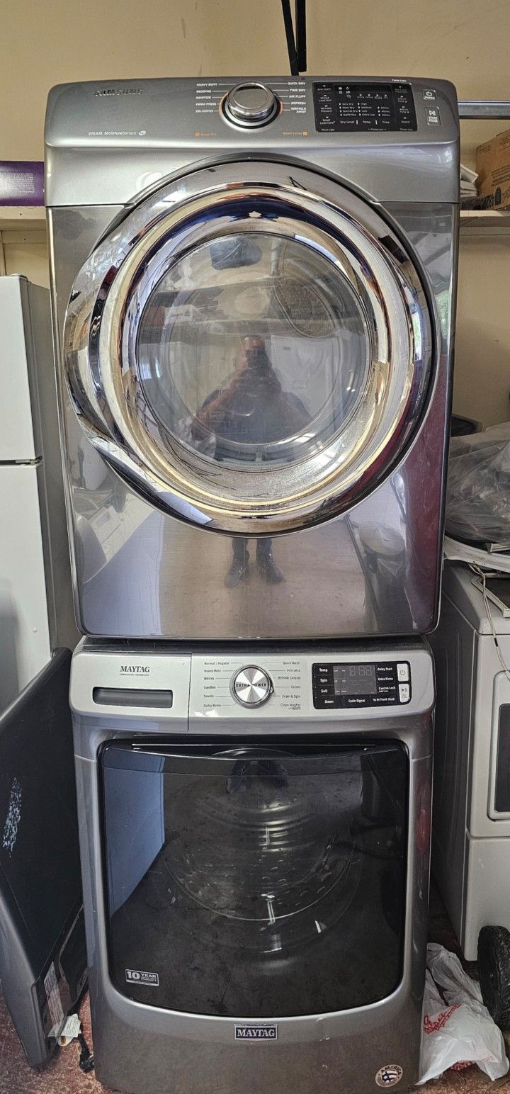 MAYTAG WASHER AND SAMSUNG DRYER STAINLESS STEEL BOTH ELECTRIC XL CAPACITY GOOD CONDITION HEAVY DUTY DELIVERY AVAILABLE FOR EXTRA FEE WE DO REPAIRS