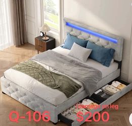 (Q-106)Queen Size Upholstered Platform Storage Bed Frame Drawers and LED Light(damage on leg)