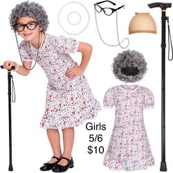 Girls Old Lady Grandma Costume 5-7 100 Days School / Disfraz de Viejita Niñas