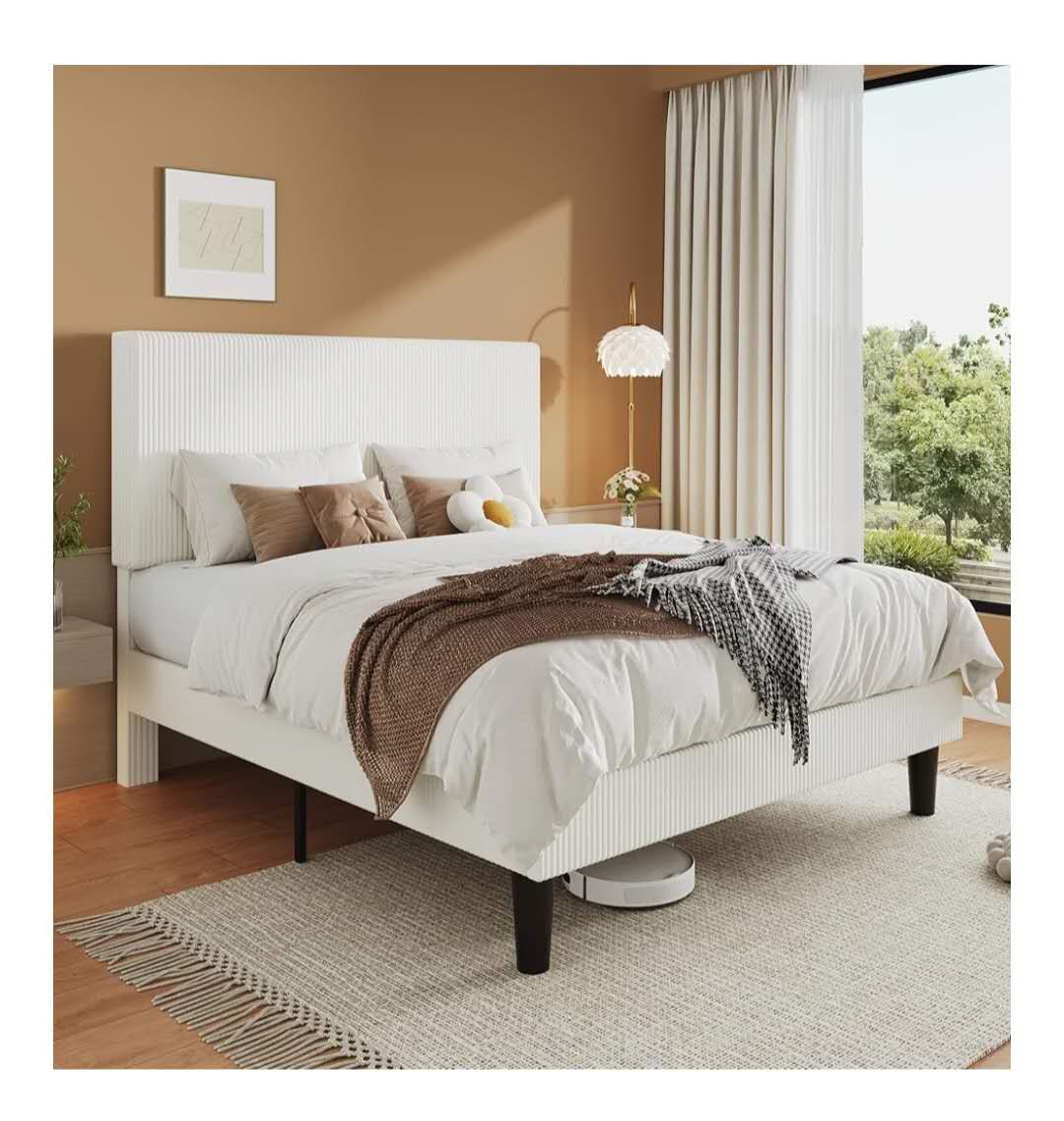 Allewie Queen Size Upholstered Bed Frame with Vertical Channel Tufted Headboard, Soft Corduroy Fabric Platform Bed, Strong Wooden Slats Support, Easy