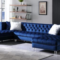 Double chaise U shape sectional sofa blue velvet 