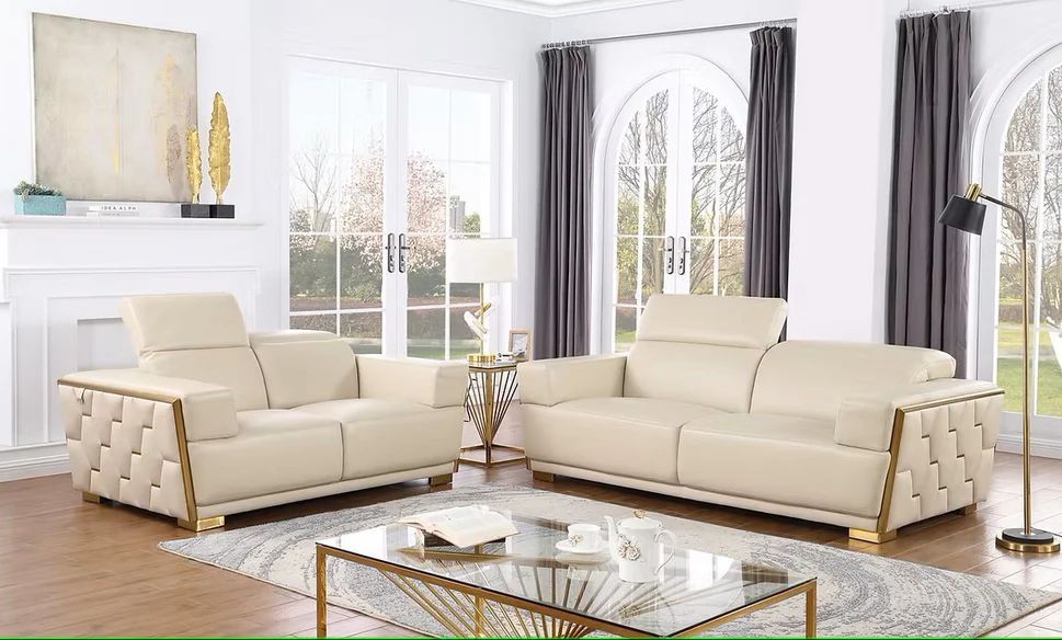 Italian Leather Sofa & Loveseat, Beige, Lt. Blue, Navy & White