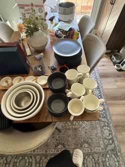 Plate, dishware mugs bowls, and Condiment Serving Set with Bamboo Tray