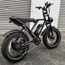 Brand new in box, e-bike 750w 48v 17.5ah, top speed 28 mph. Full suspension, with chain lock, phone holder, foot pegs,  electric bike  