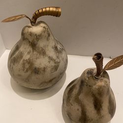 LARGE Stone look ceramic pears with metal leaf & stem. Modern / vintage/ cottage/ farmhouse/ country