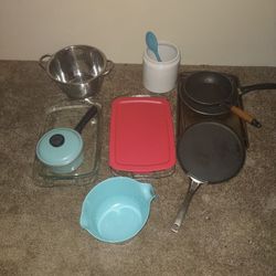Two Pyrex Glass Casseroles / Cake Pan, Big Stainless Colander, White Ceramic Utensil Holder, Misc. Pots And Pans