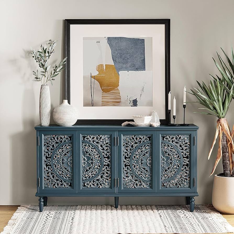 1317B HOME Sideboard Buffet Cabinet with Storage, 63" Large Boho Coffee Bar with 4 Floral-Carved Doors & Built-in Lighting, Kitchen Storage for Living