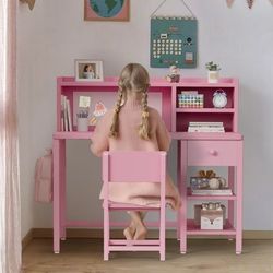 BOLUO Juego de escritorio y silla para niños de 6 a 12 años, escritorio de estudio para niños con estante superior y estante de almacenamiento, mesa d