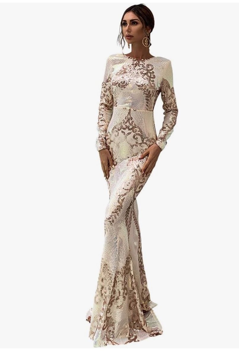 $40 Medium Gold Elegant Formal Sequin Evening Prom Special Occasion Mermaid Long Sleeve Backless Gown