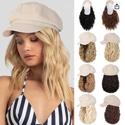 Wig Hat Beret 8 Panel Attached 14" Synthetic Hairpiece for Women Ash Blonde