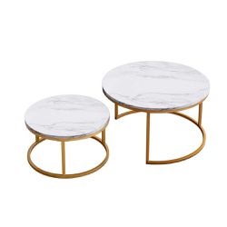 2-Piece 31.5 in. Modern Golden Metal Frame Round Marble Color Top Nesting Coffee Table Set