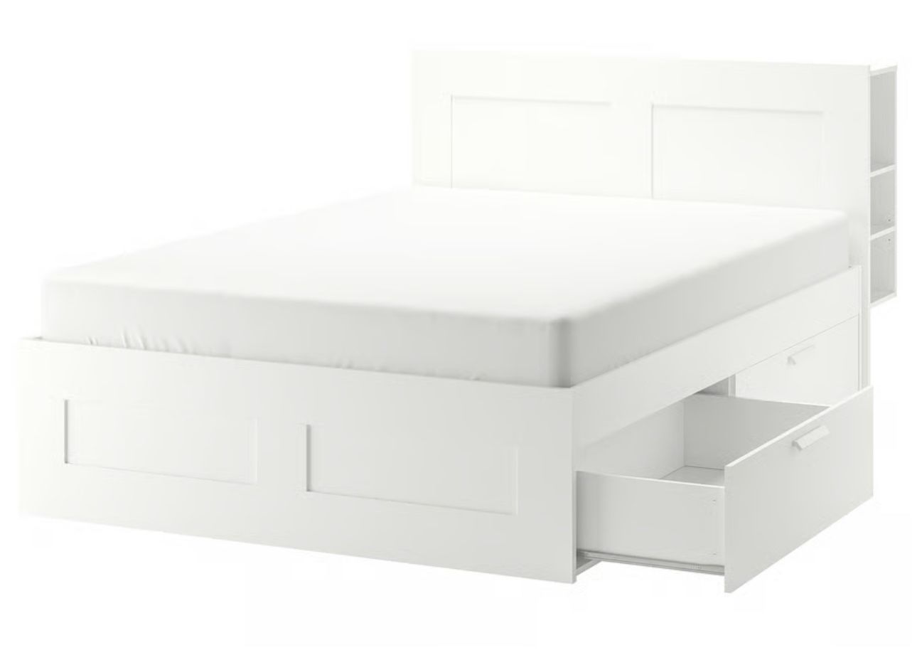 Full Size - White IKEA Bed frame with storage & headboard (Used)