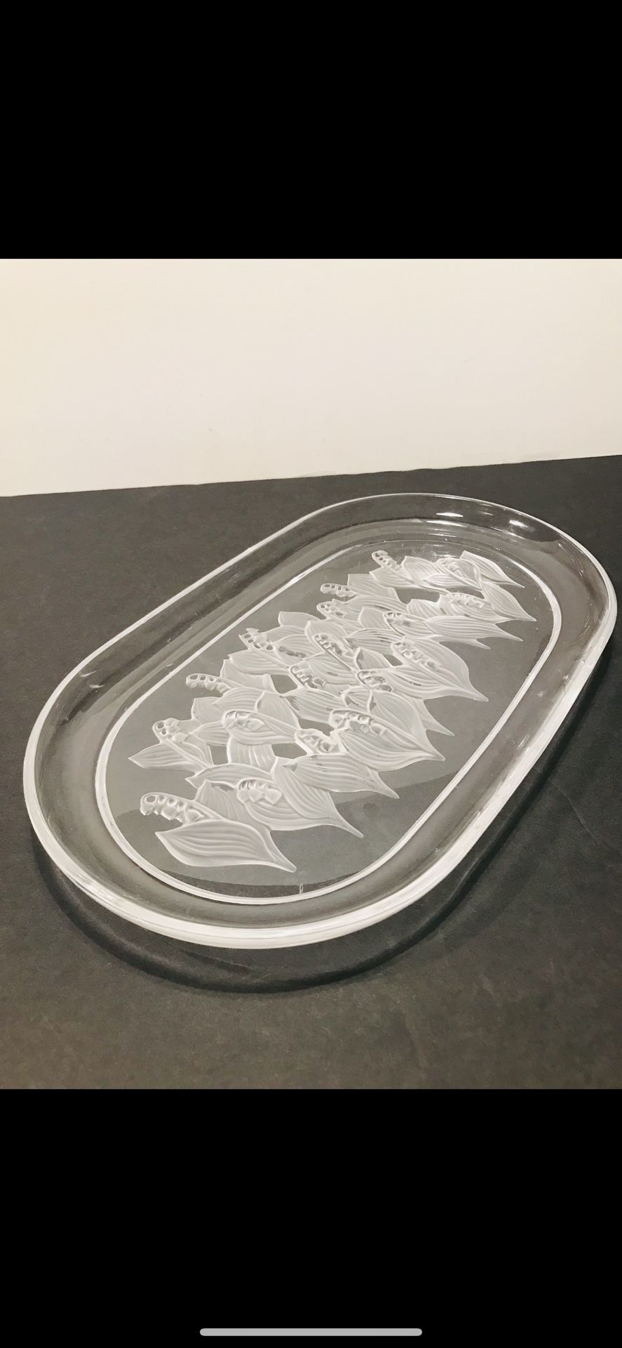 Vintage Sasaki Oval Crystal Plate Lily of Valley Frosted Plate 14”-8”. Pre-owned in good condition, some wearing marks. Heavy crystal.