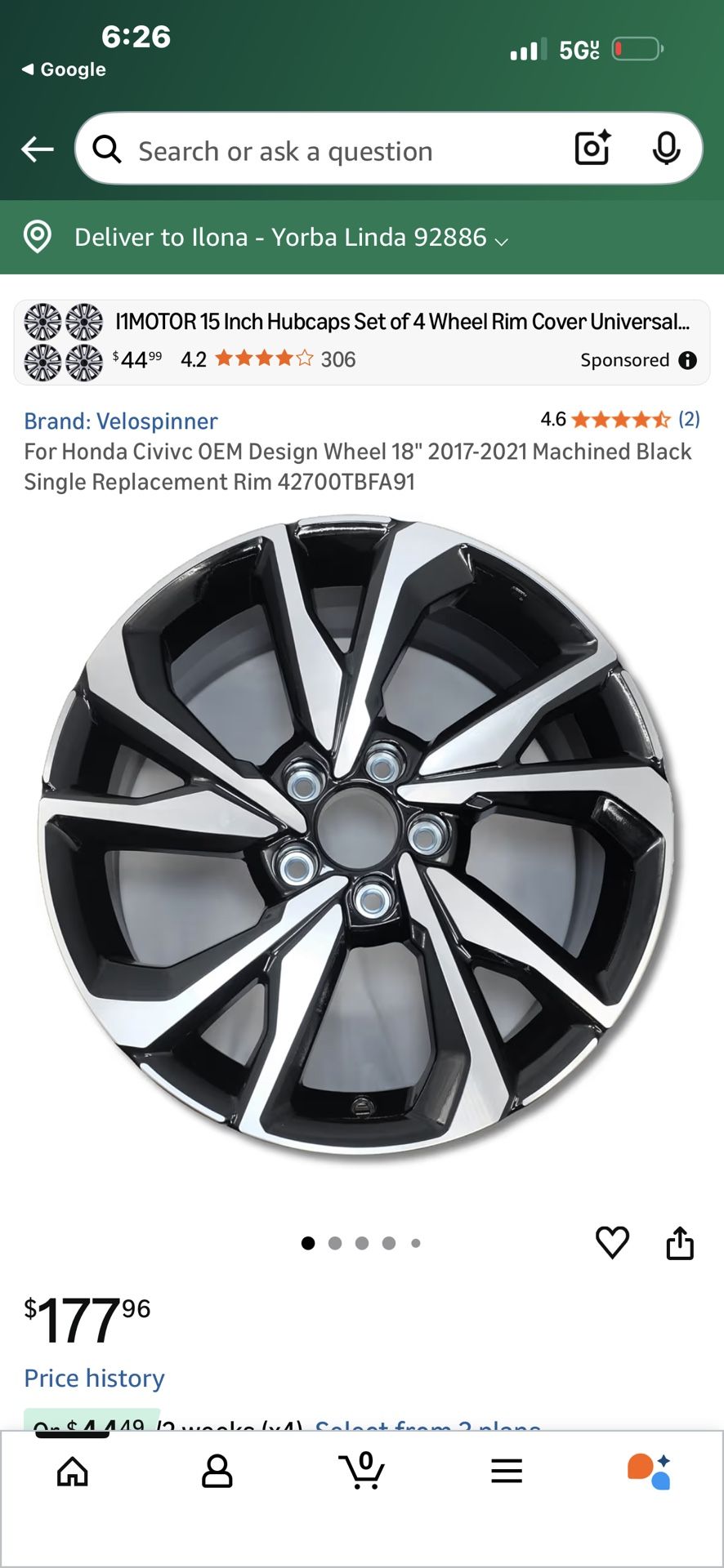 New but has some scratches $75 each For Honda Civivc OEM Design Wheel 18" 2017-2021 Machined Black Single Replacement Rim 42700TBFA91 (D361) (D361)