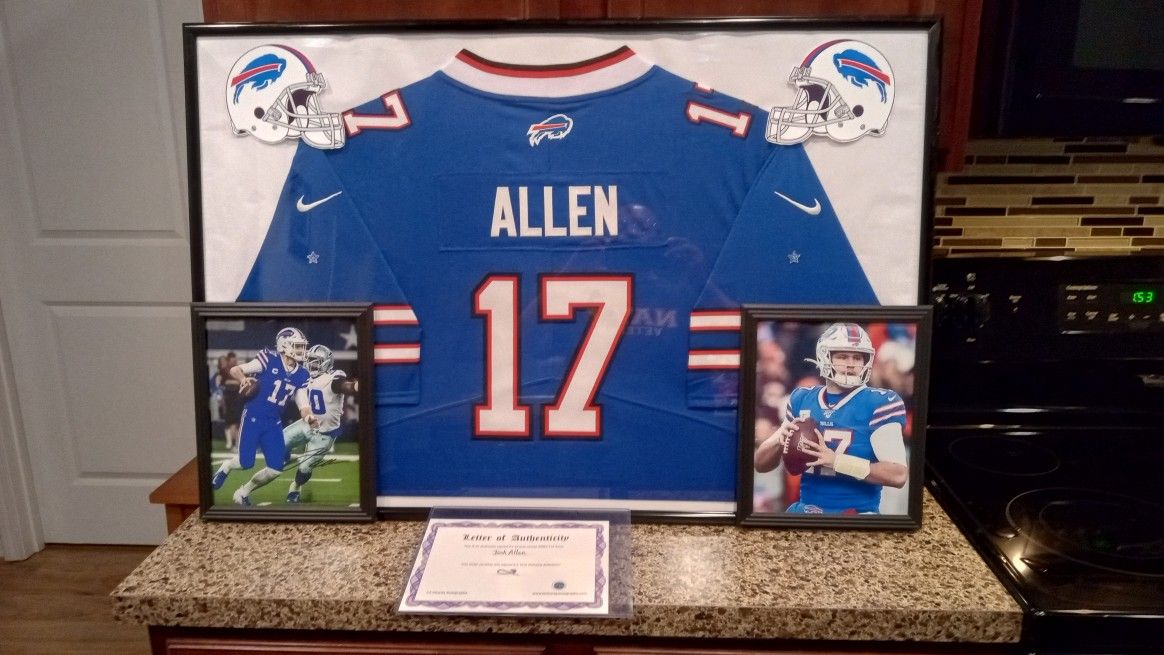 JOSH ALLEN #2 OF THE BUFFALO BILLS, STITCHED, BRANDED, FRAMED JERSEY WITH SIGNED PICTURE COA.