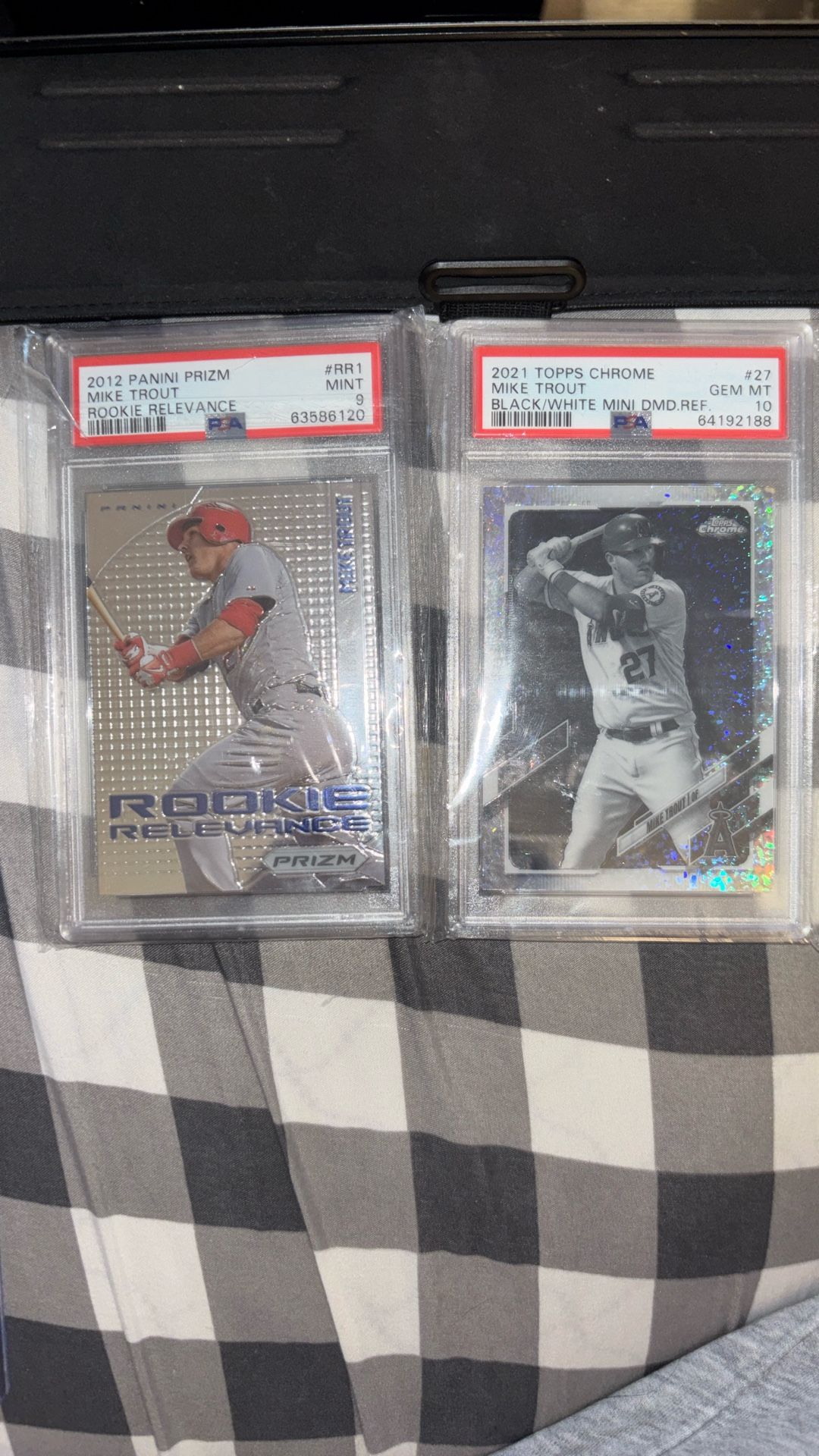 Mike Trout 2012 Rookie Relevance PSA 9 + 2021 Topps Chrome Black/White Diamond Refractor PSA 10