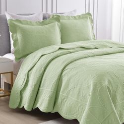 3-Piece 100% Cotton Oversized Bedspread Lightweight Quilt Sage Green Oversized King 