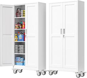 71''H Tall Metal Garage Storage Cabinet with Wheels,Steel File Cabinets with 2 Doors and 4 Adjustable Shelves for Home Office, Warehouse, Required Ass