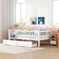 NEW White Twin Size Wood Platform Bed with Full-Length Guardrail and 2-Drawers