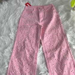 Pink Wide Leg Pearl Jeans