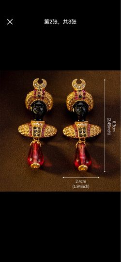 Vintage Gold Tone Statement Earrings Red Crystal Drop
