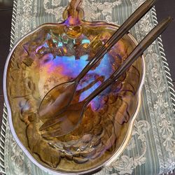 Carnival Glass Bowl  with Serving Utensils