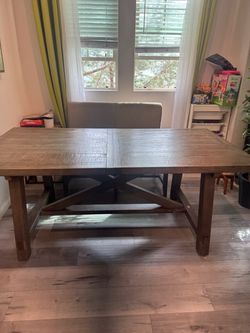 Rustic Farmhouse Dining Table + Upholstered Chairs –