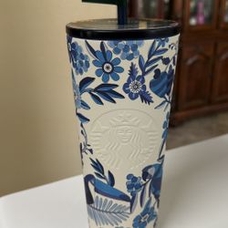 Starbucks Farm Rio Limited Edition lenco azulejo collab blue white tropical  24oz stainless tumbler 