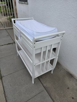 White Baby Changing Table With Drawer and Shelves