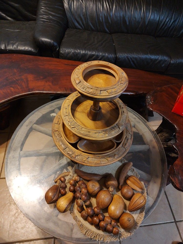 Three Tier Lazy Susan Wood Vintage Carved Wood