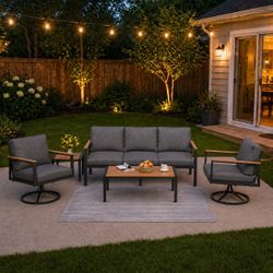Outdoor gray cushion patio set with swivel chairs and 3 seater and coffee table with side table
