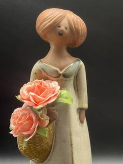 Vintage Japan MCM Speckled Stoneware Girl w/Basket Figurine