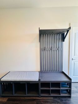 Gray Wood Entryway Hall Tree with Bench and Storage