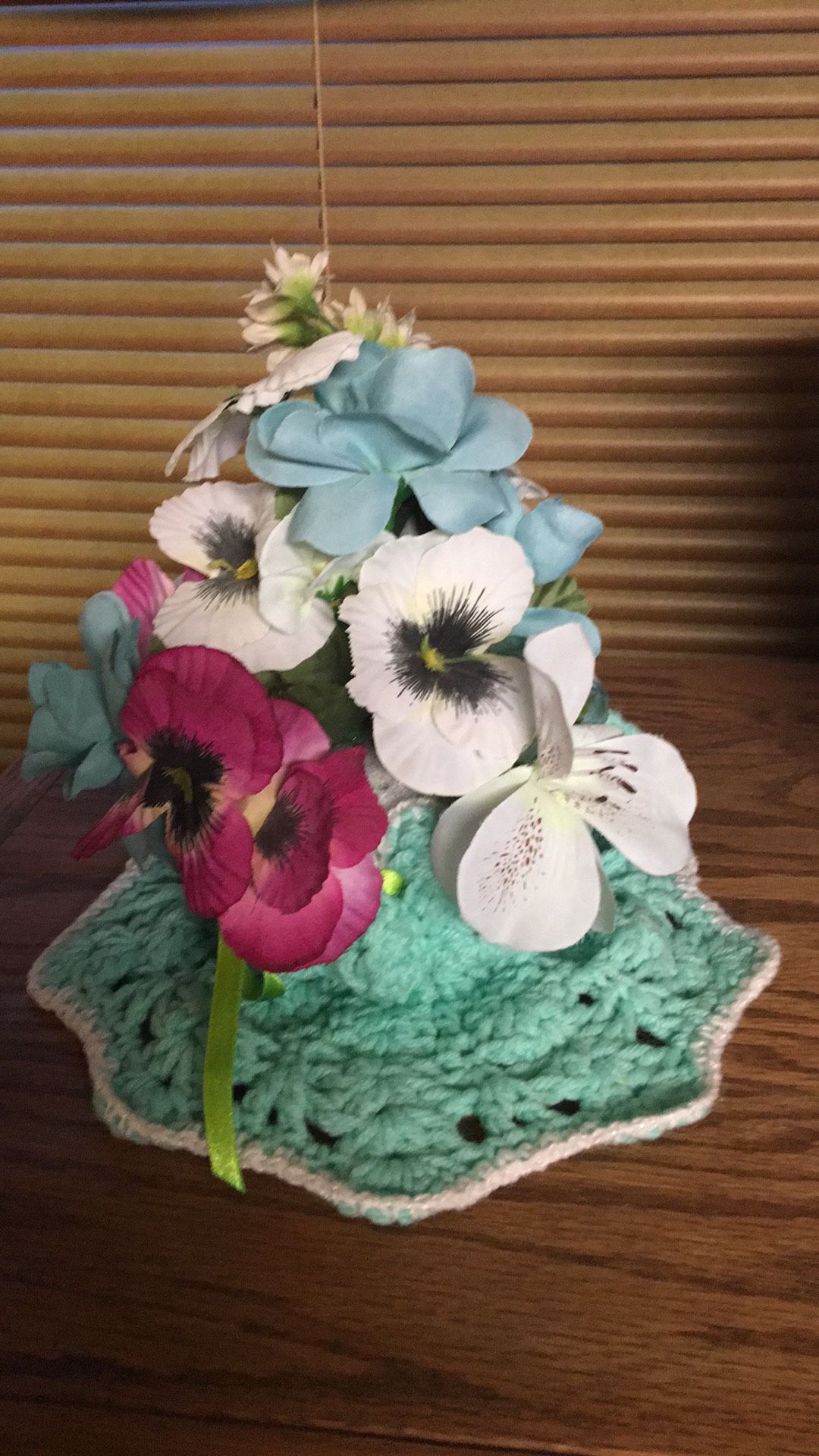 Hand Crochet Cup and Saucer with bouquet of silk flowers Vintage 1980’s Mint Green