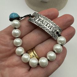 708-New 6 1/2” Pearl And Turquoise Color Beads “Faith” Bracelet