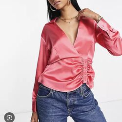 ASOS DESIGN satin shirt with button side and ruching in bright pink