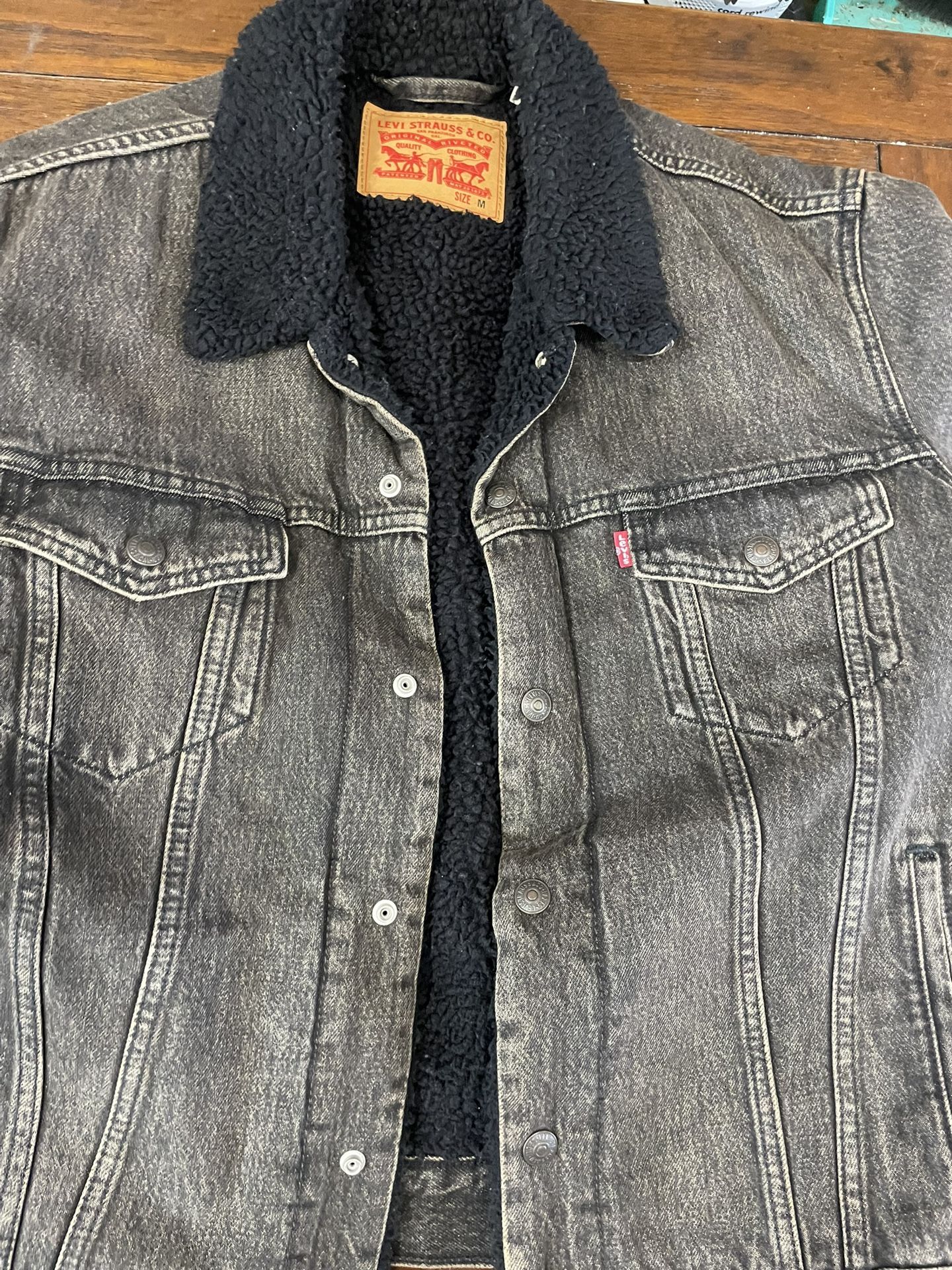 Mens Levis Premium Trucker Demin Jean Jacket Sherpa Fleece Lined Medium