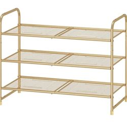 Simple Trending 3-Tier Stackable Shoe Rack, Expandable & Adjustable Shoe Shelf Storage Organizer, Metal Mesh, Gold