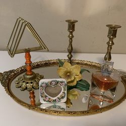 Vintage Gold Ormolu Filigreed Vanity Tray Beveled Mirror 