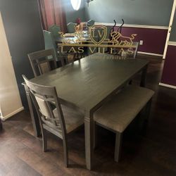 Brand New PAIGE 6-PK DINETTE SET Gray WITH BENCH 63Lx35W