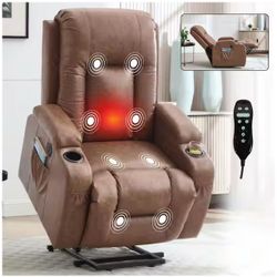 #610AB--Chestnut Infinite Position Breathable Leather Power Recliner Lift Chair for Elderly with Massage, Heat, and USB Port
